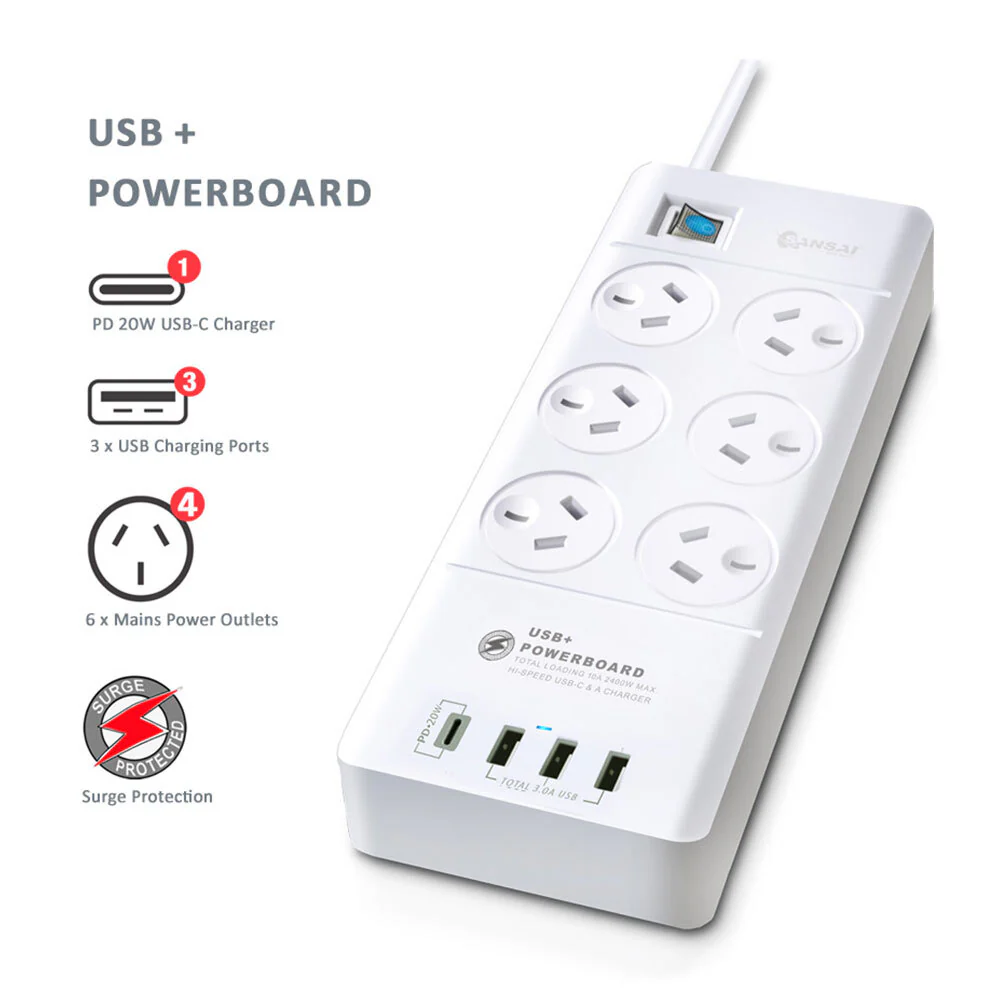 Sansai 6-Way 2400W Surge Protector Power Board with USB-A & USB-C Ports - Image 2