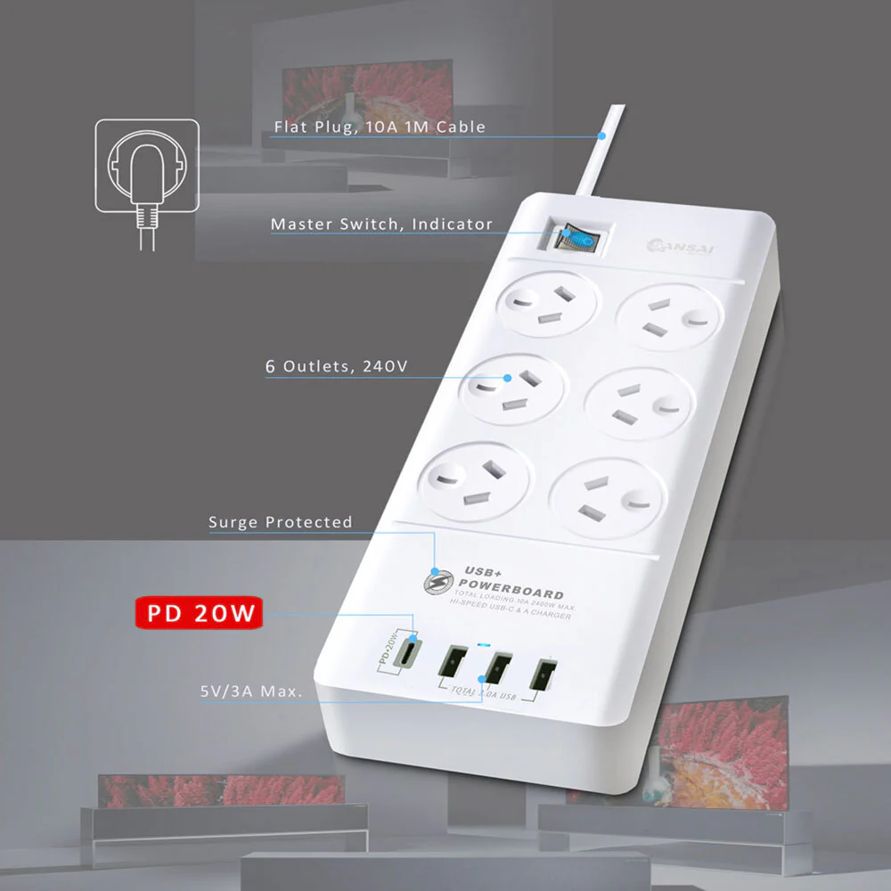 Sansai 6-Way 2400W Surge Protector Power Board with USB-A & USB-C Ports - Image 5