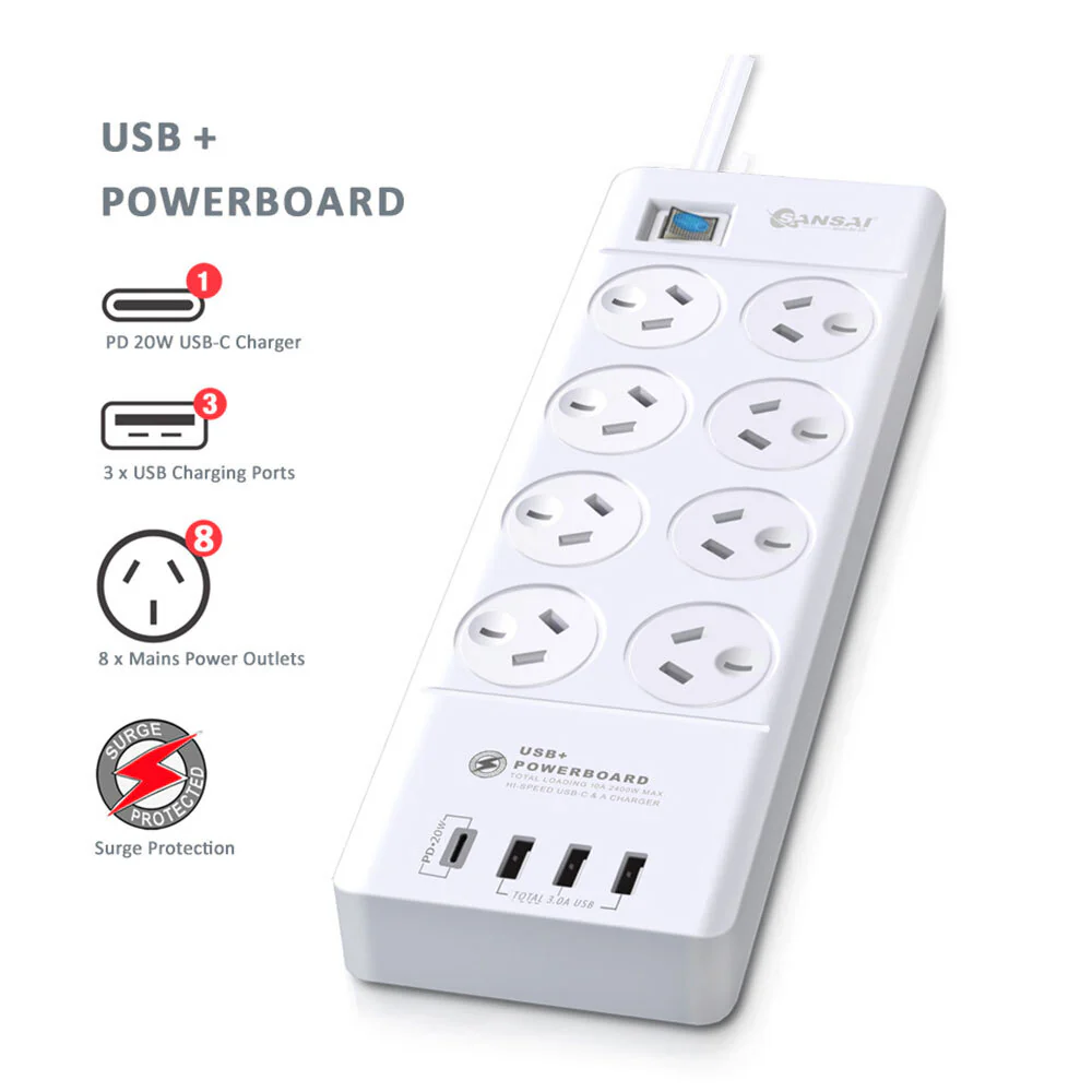 Sansai 8-Way Power Outlet USB-A and USB-C Surge Protector 2400W - Image 2