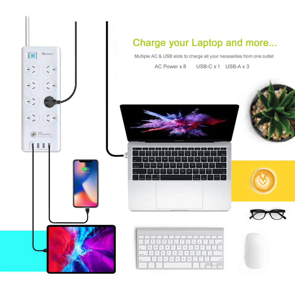 Sansai 8-Way Power Outlet USB-A and USB-C Surge Protector 2400W - Image 4