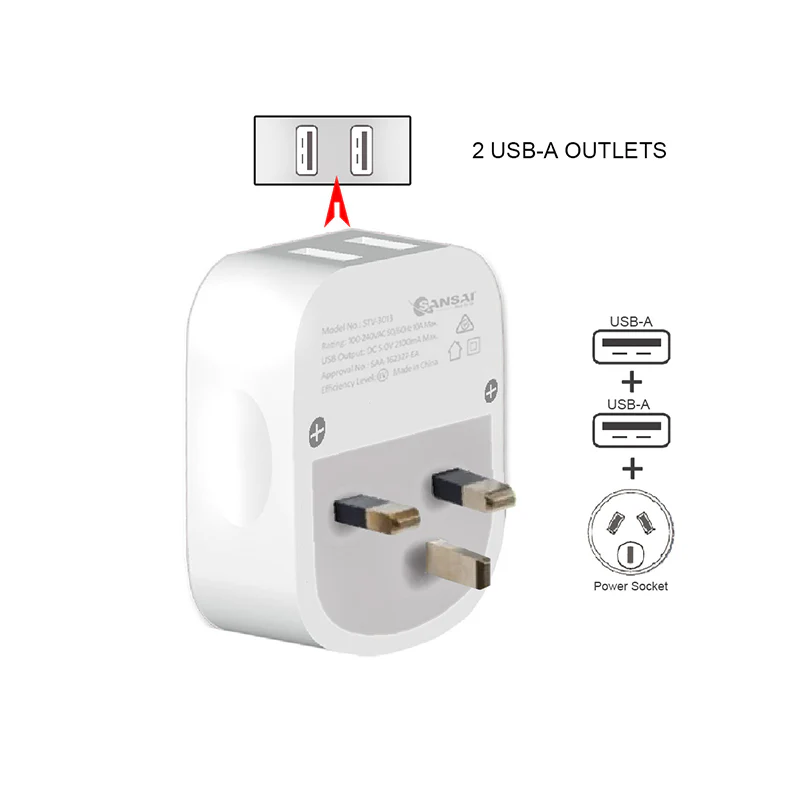 Sansai Travel Adaptor with 2 x USB Ports - AU/UK Region - Image 3
