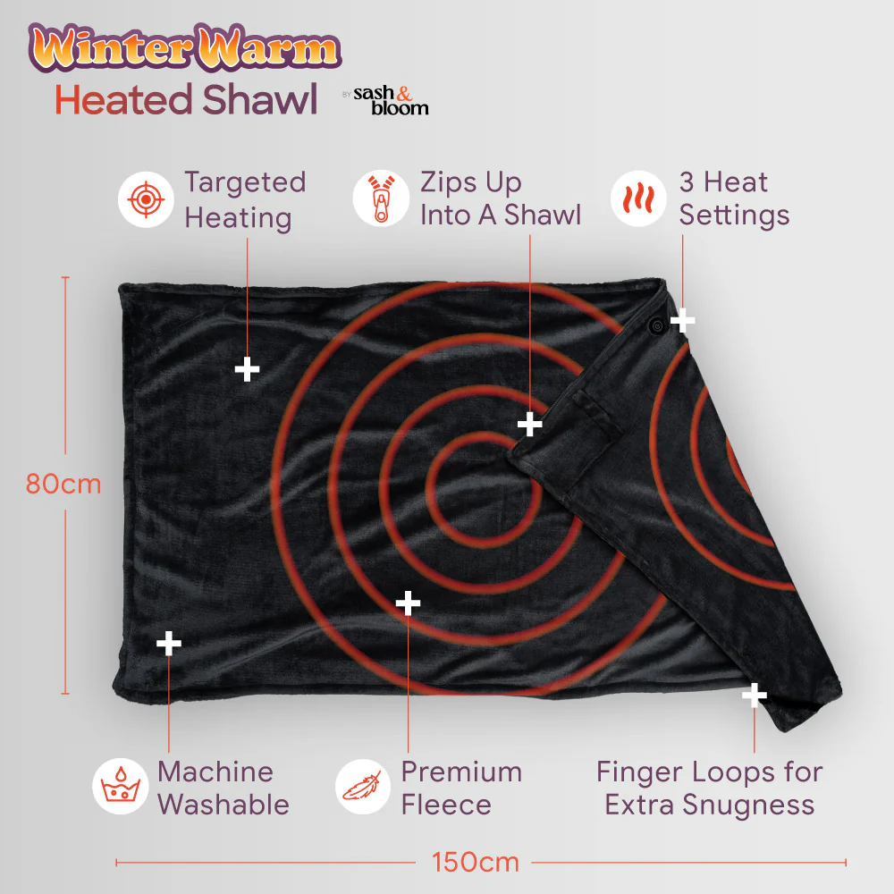Sash & Bloom Winter Warm Heated Shawl Black - Portable 2-in-1 Super-Soft Heated Blanket That Zips Into A Shawl - Image 8