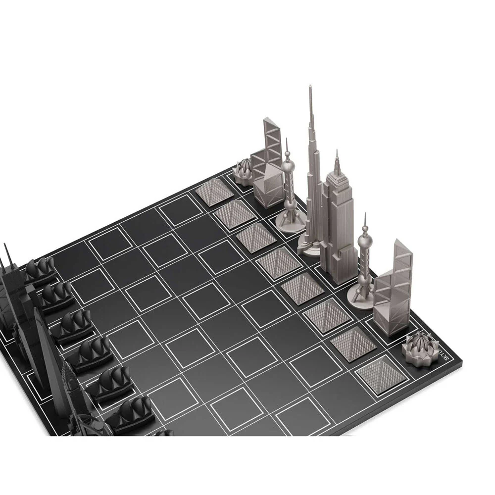 Skyline Chess 33pc Set World Icons Edition with Wooden Board (Black/Grey) - Image 2
