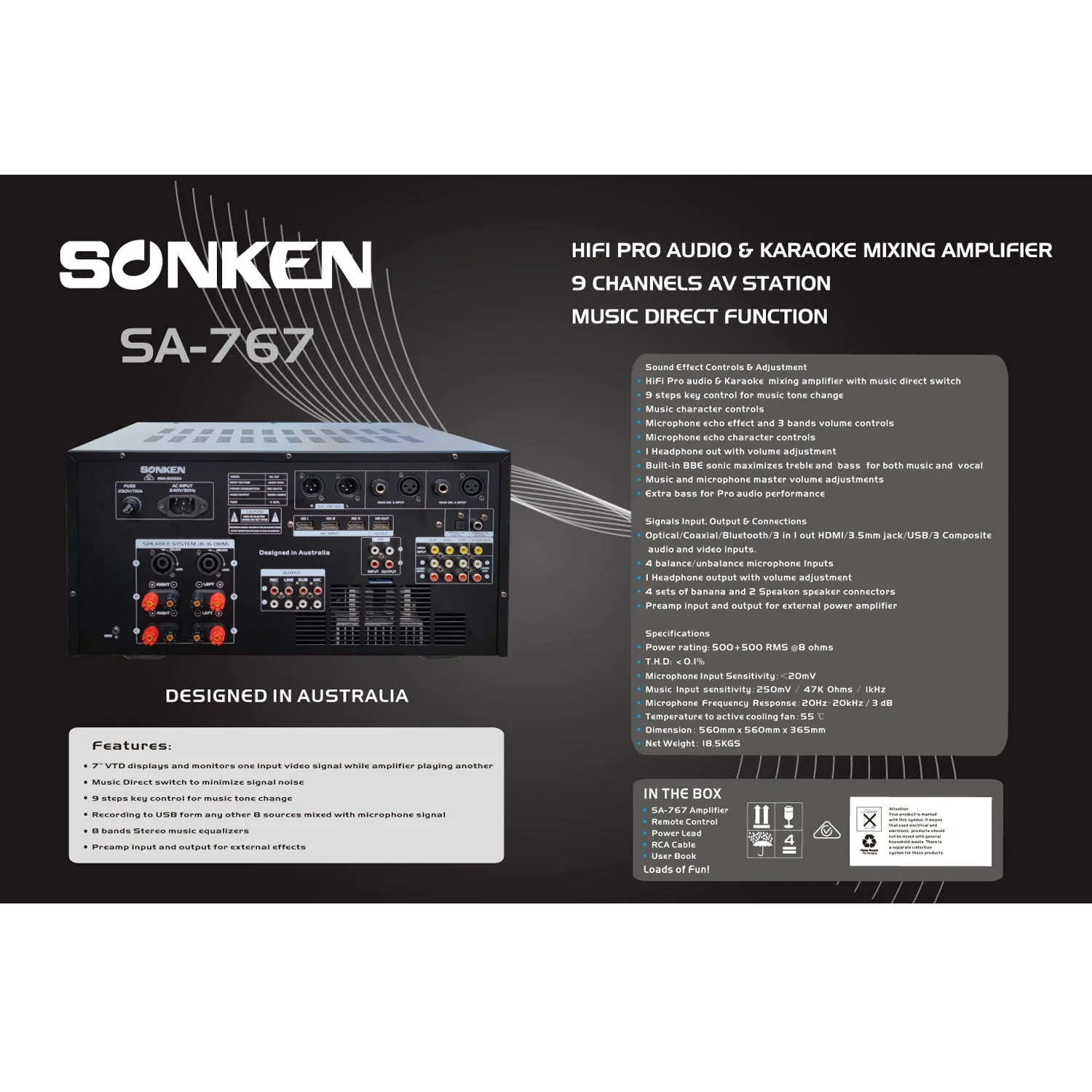 Sonken SA-767 Professional Karaoke Mixing Amplifier 1000W RMS with USB Vocal & Music Recording, Bluetooth - Image 5