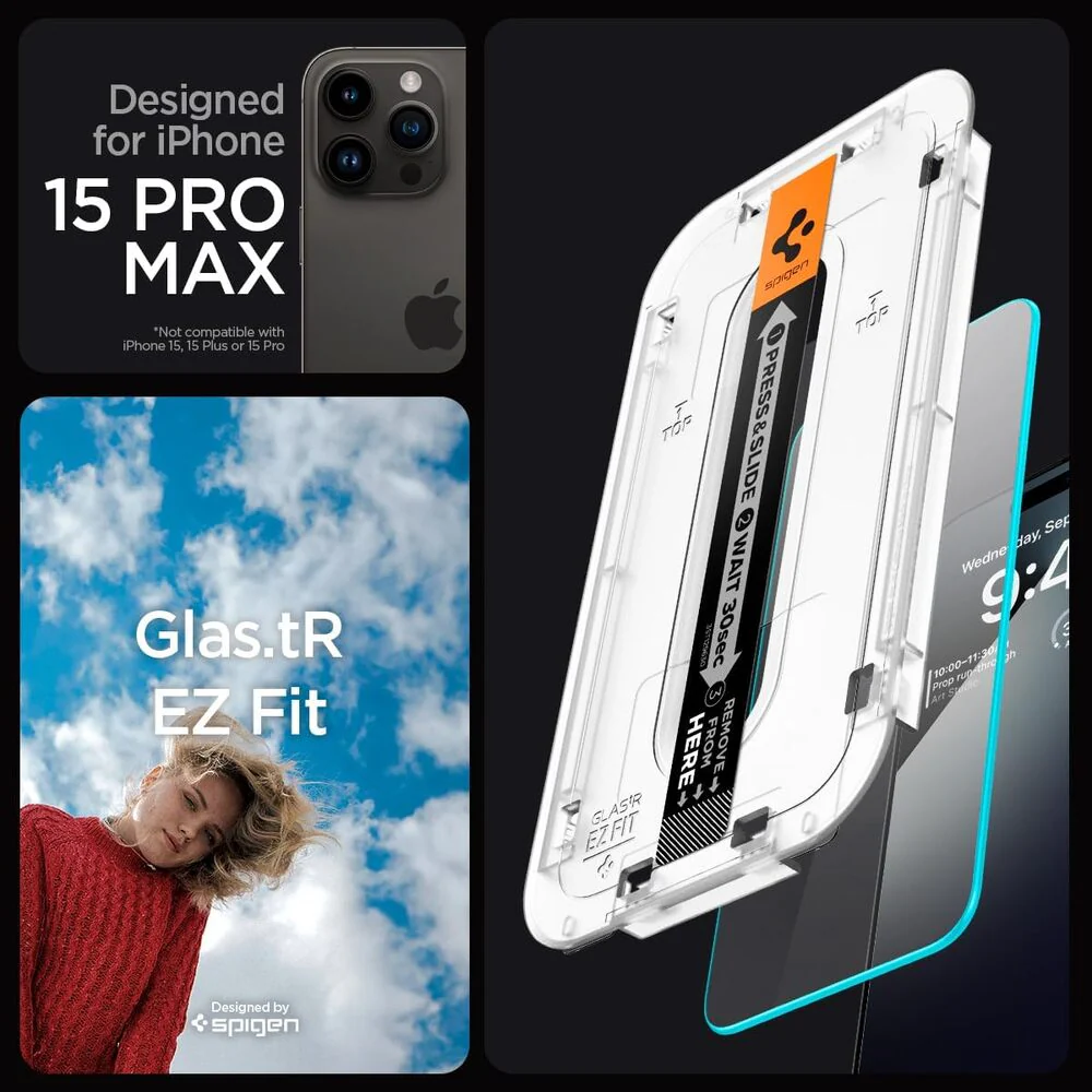 Spigen Apple iPhone 15 Pro Max EZ Fit GLAS.tR Slim 2PCS Glass Screen Protector - Clear - Image 3