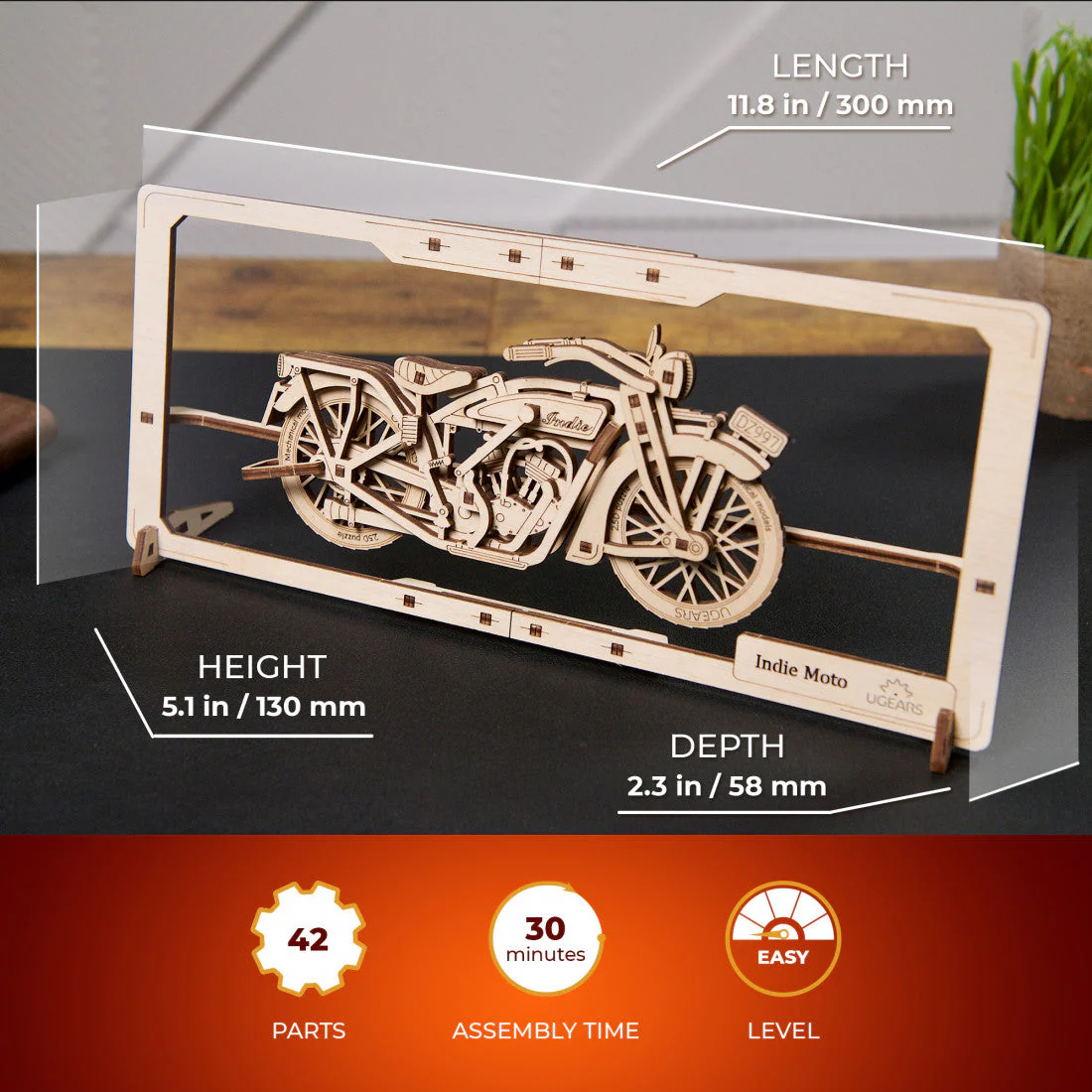 Ugears Indie Moto 2.5D Motorbike Mechanical Wooden Puzzle Model Kit - Image 6