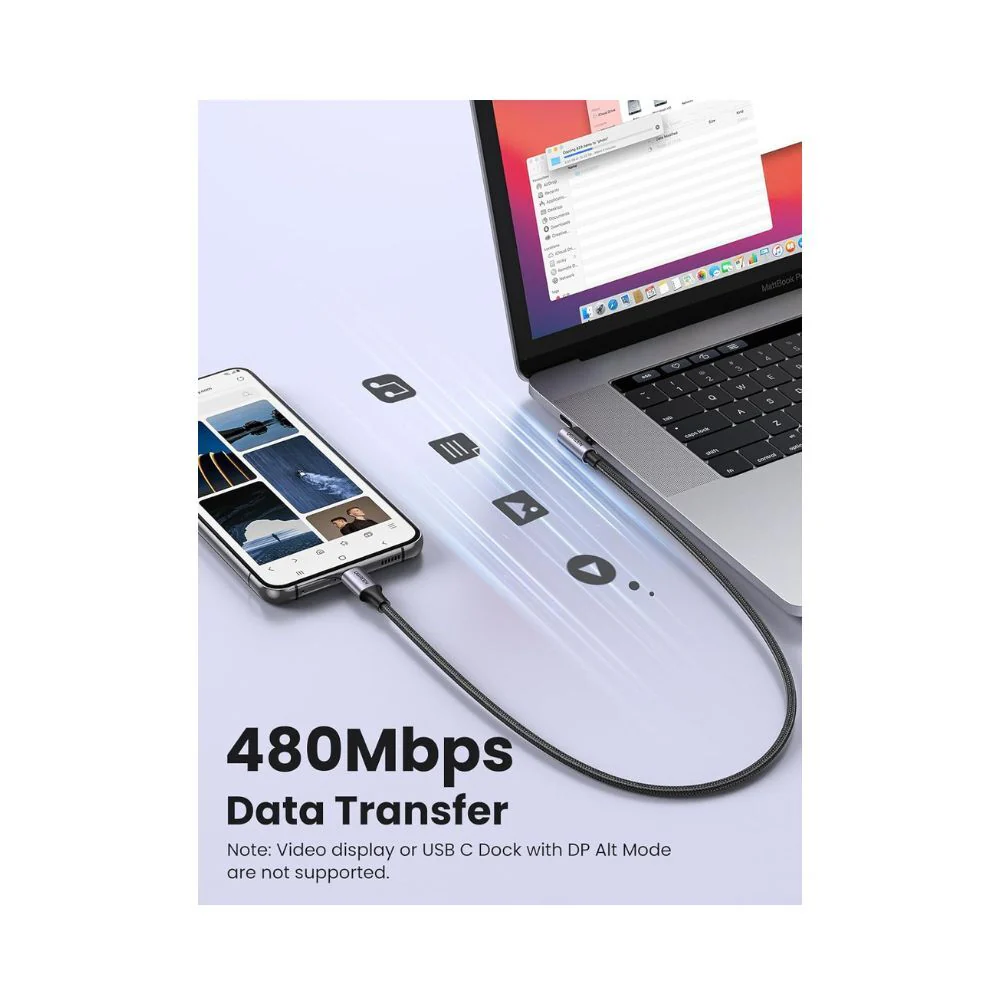 UGREEN 90 Degree Angle USB-C Male to USB-C Male 60W Braided Cable 1m - Image 4
