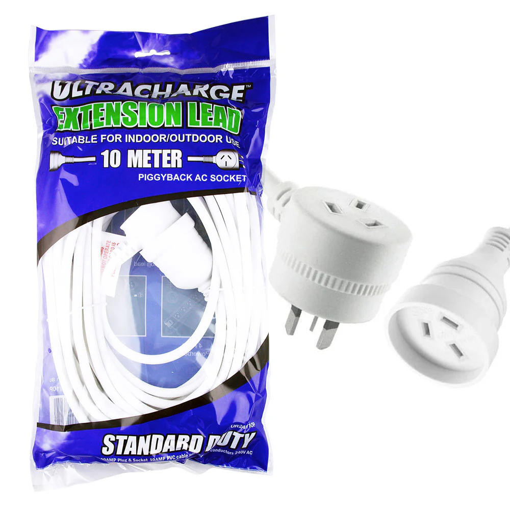 Ultracharge 10m Extension Power Cord 10A Cable with Piggyback Plug (White) - Image 2